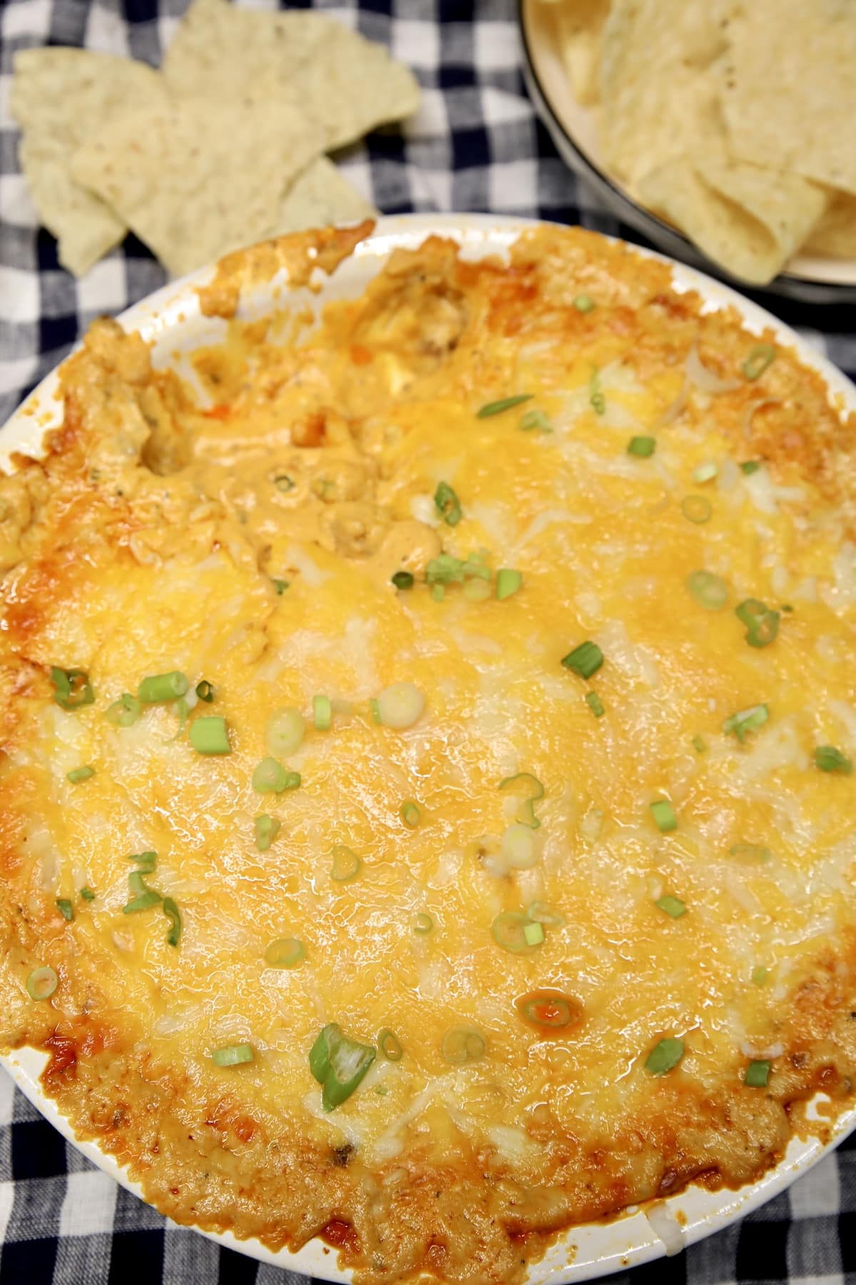 Spicy chicken wing dip with chips. 