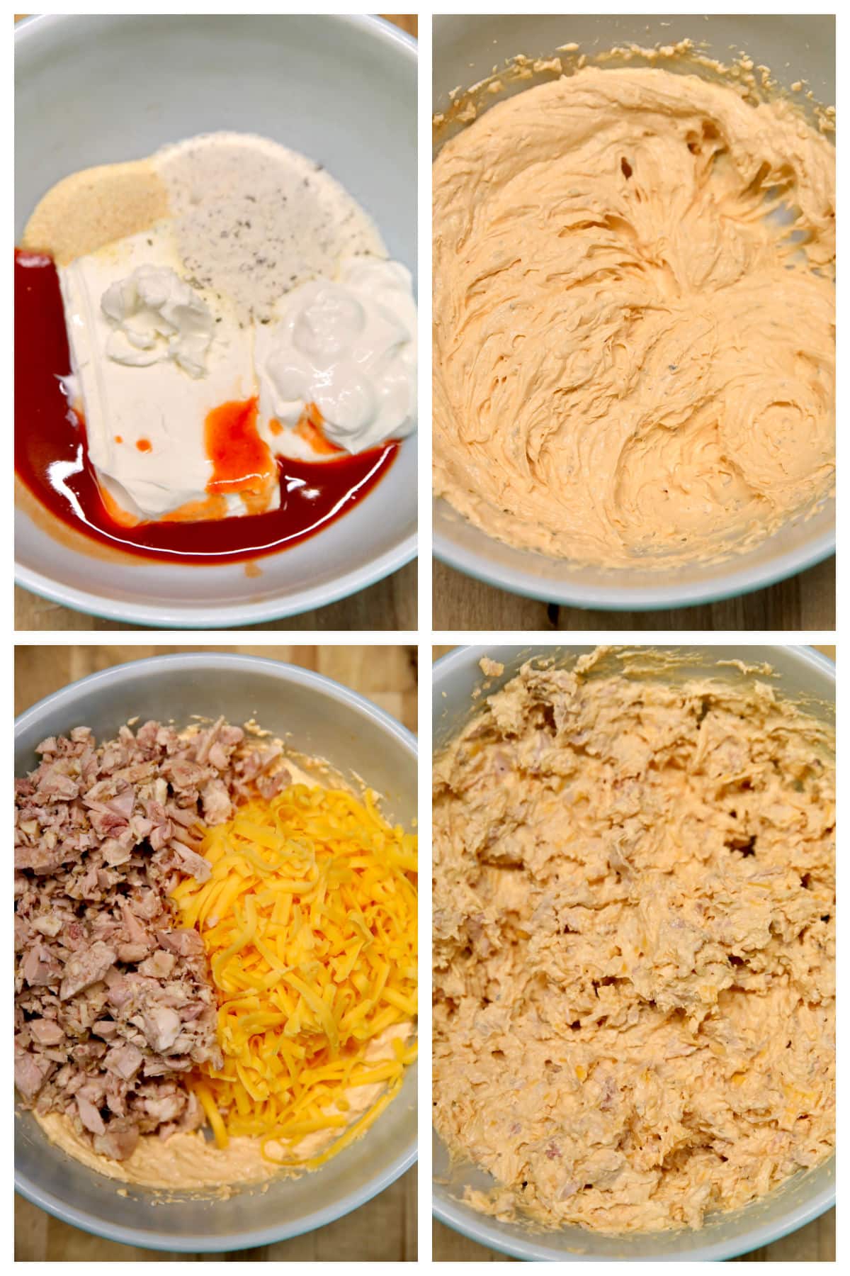 Making the filling for wontons with cream cheese, hot sauce, cheese and chicken.