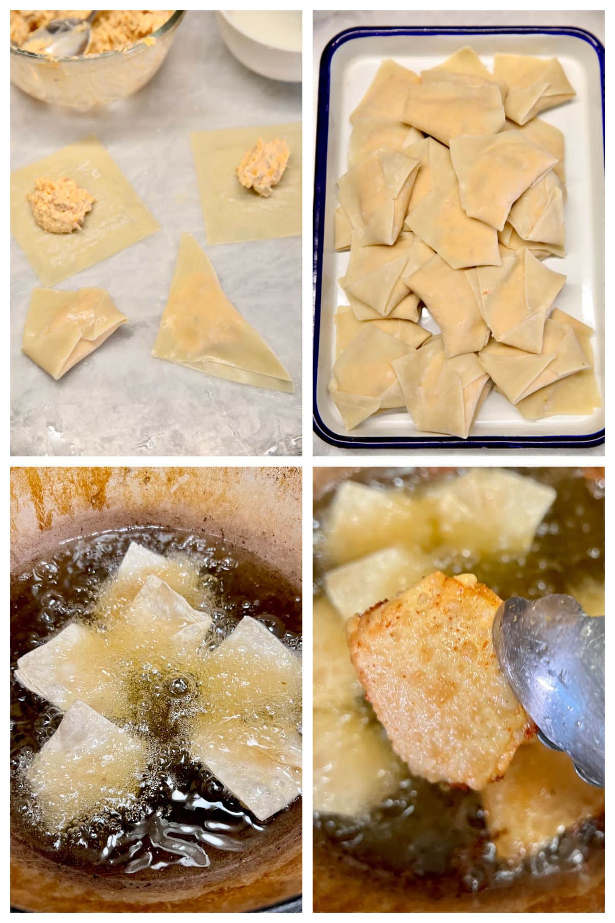 Wrapping and frying wonton appetizers.