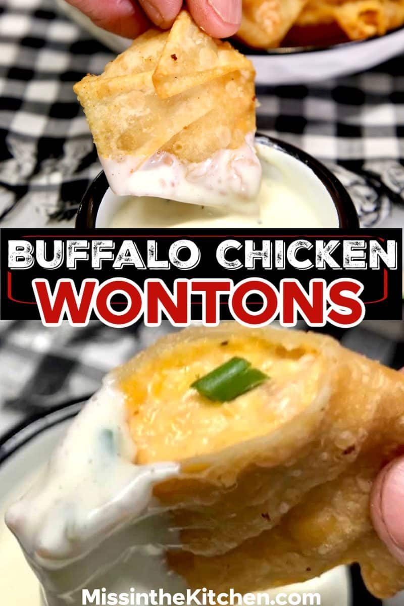 Collage of buffalo chicken wontons - text overlay.