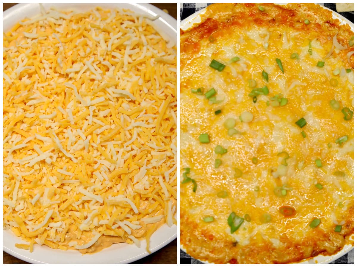 Cheesy buffalo chicken dip collage.