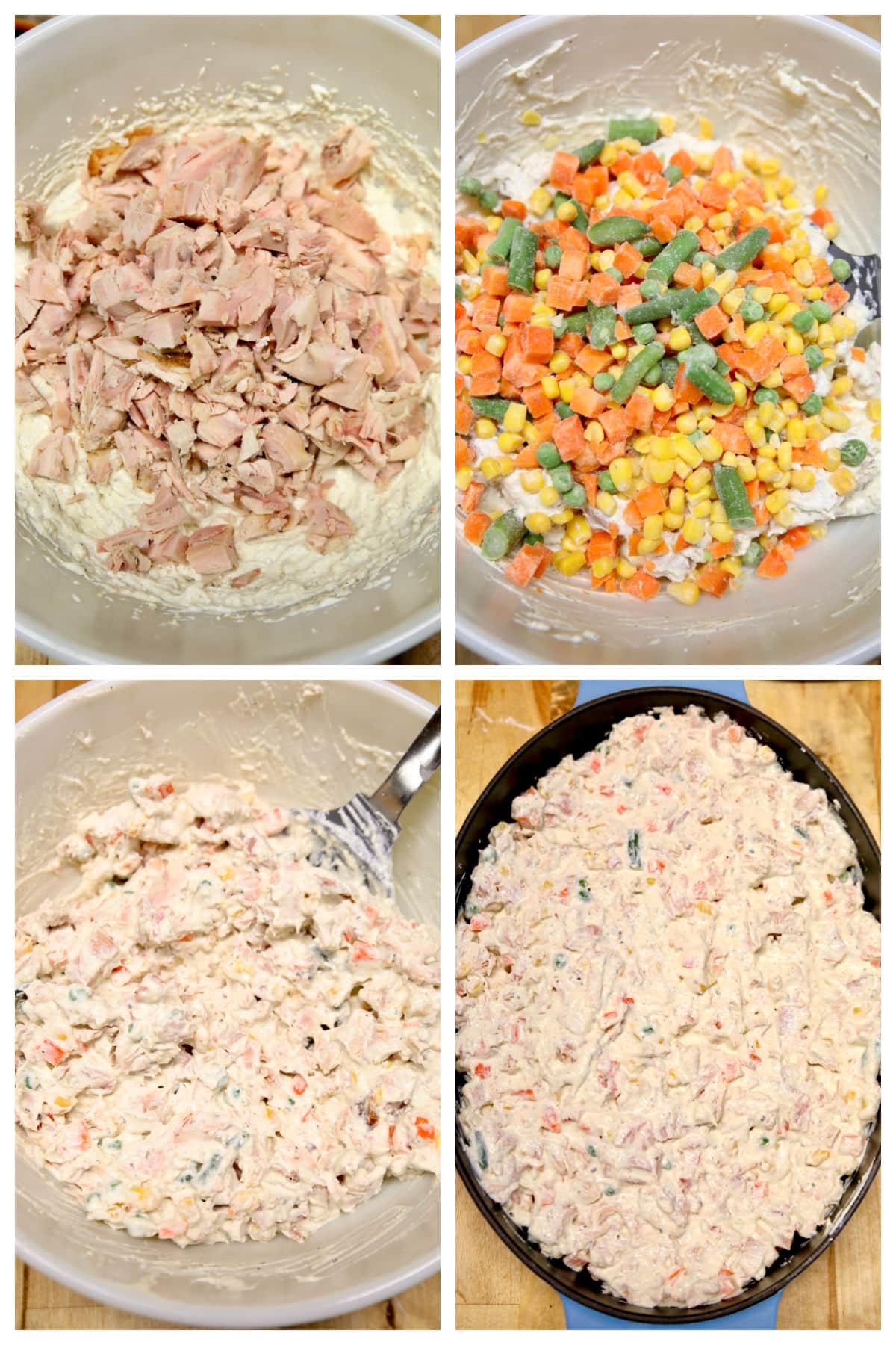 Collage: Making chicken and vegetable filling for casserole.