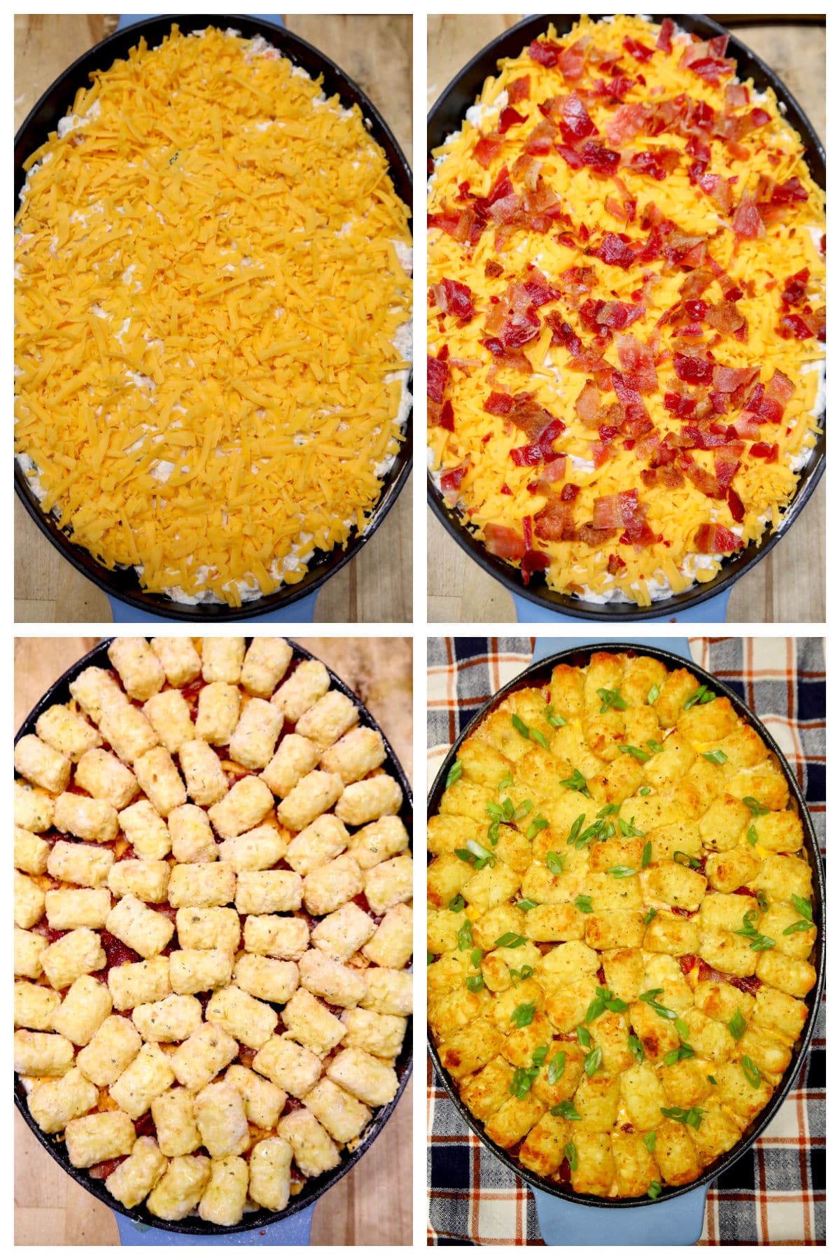 Collage: Cheesy tater tot casserole with chicken and bacon.