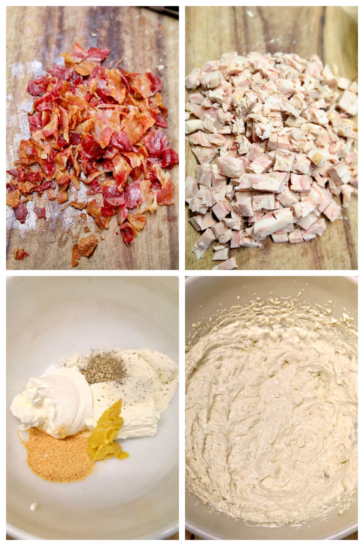 Collage: Chopped bacon, chicken,  creamy mixture for casserole filling.