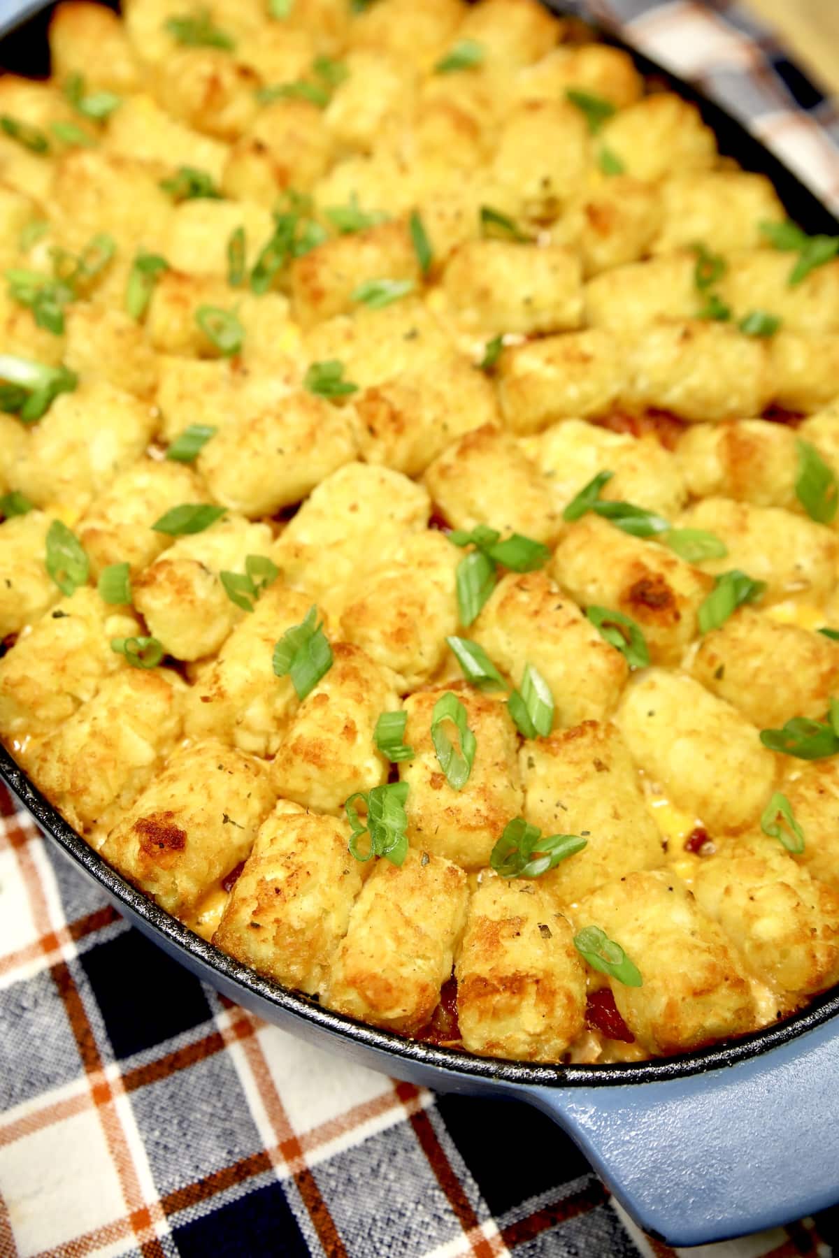 Oval dish with tater tot casserole.