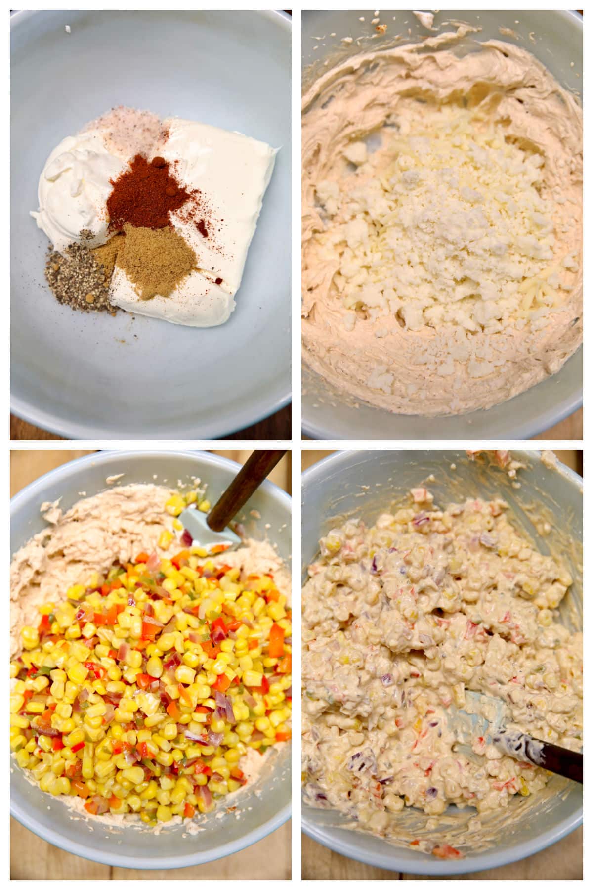 Making dip with cream cheese and sour cream and vegetables.