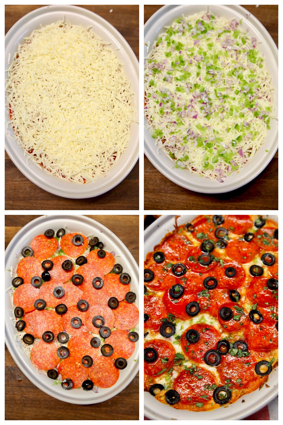 Collage making hot pizza dip with pepperoni.