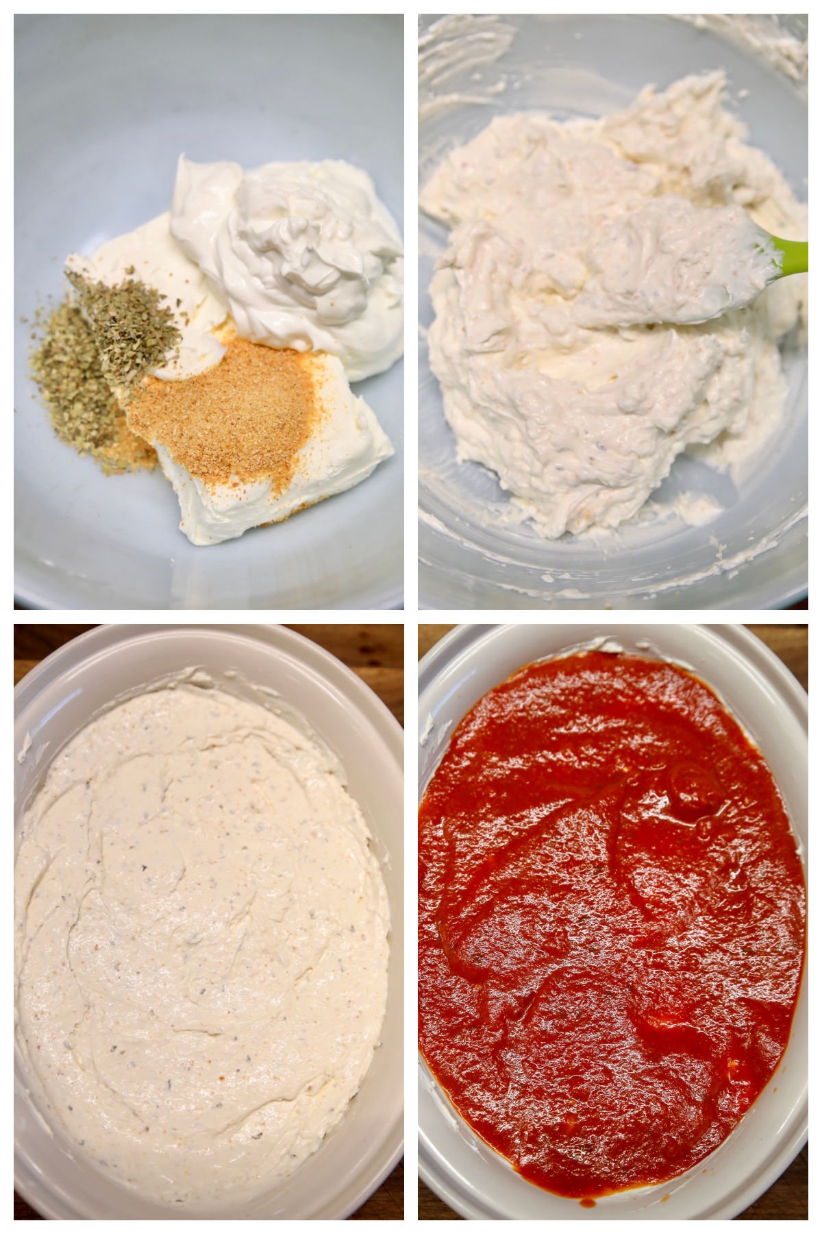 Making pizza dip collage with cream cheese, marinara sauce.
