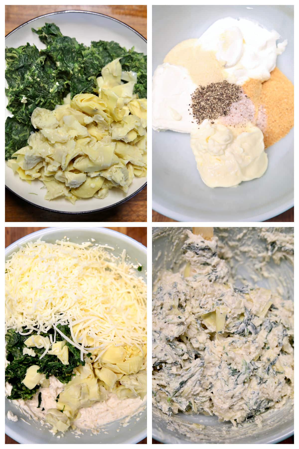 Collage making appetizer dip with artichoke hearts, spinach, cheese.