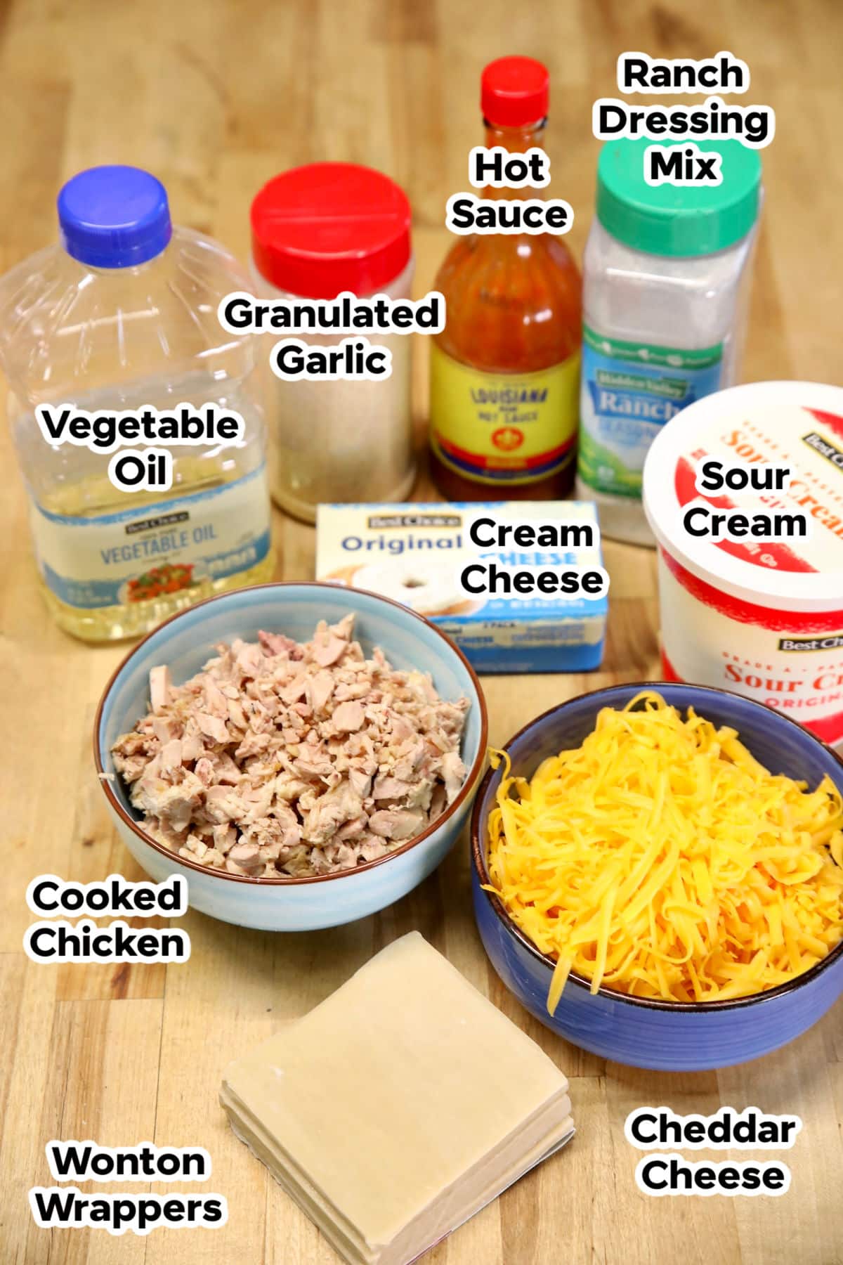 Ingredients for buffalo chicken wontons.