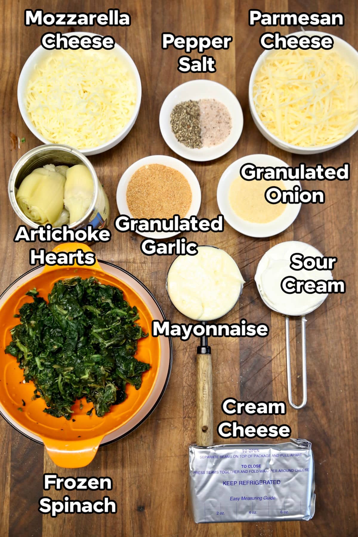 Ingredients for spinach artichoke dip.