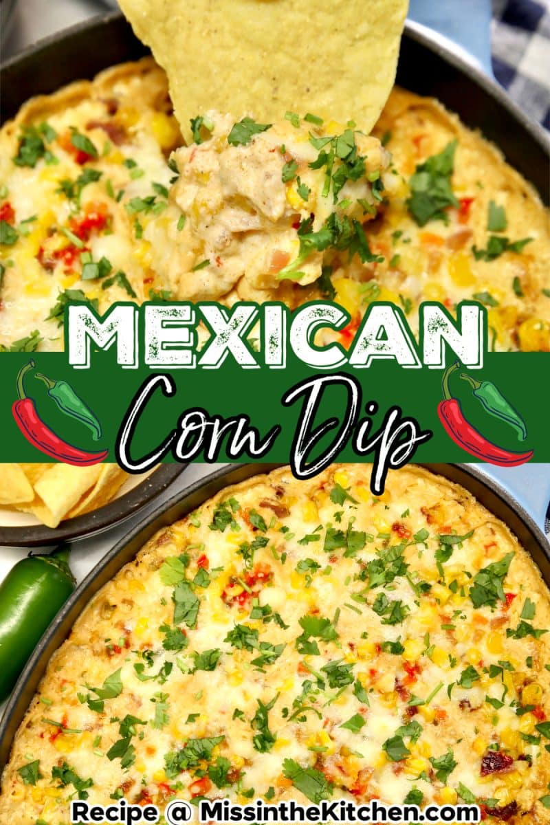 Collage: hot dip served with tortilla chips - text overlay.