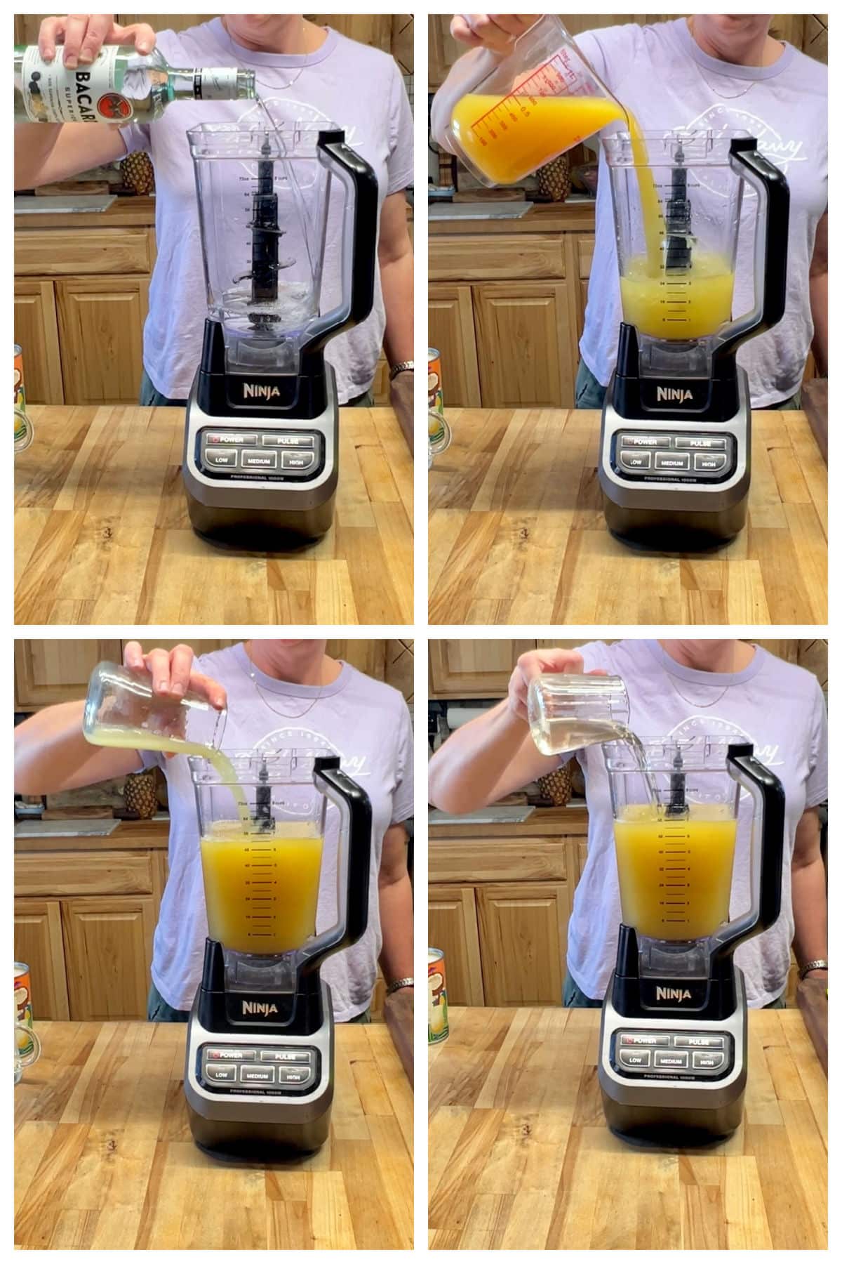 Collage making pineapple rum drink in blender.