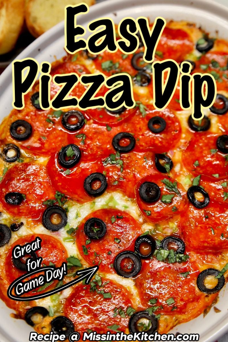 Pepperoni and cheese dip in a casserole, text overlay.