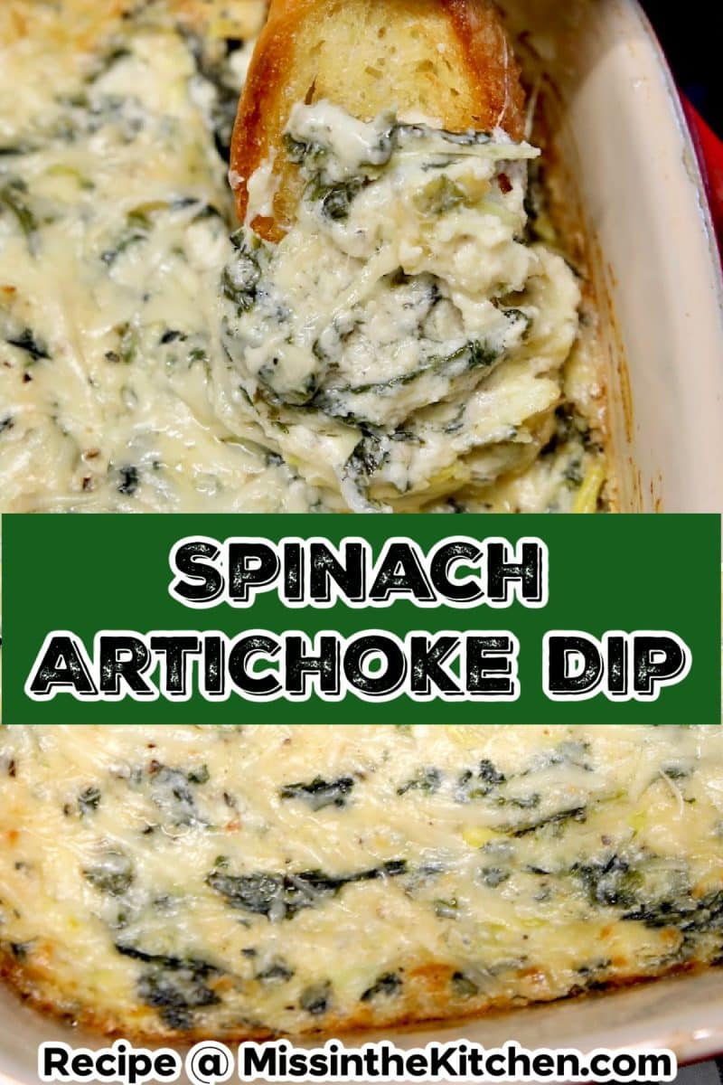 Collage of dip recipe with toasted bread/in casserole.