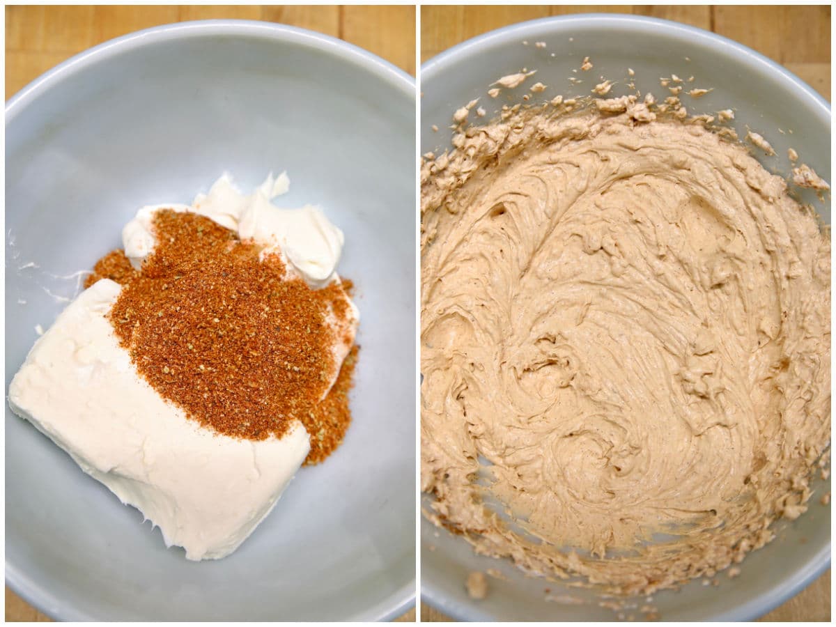 Collage making creamy filling for taco dip.