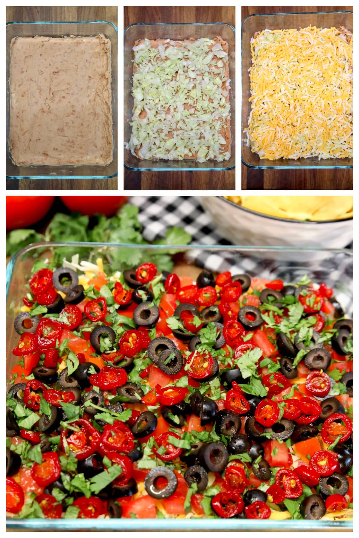 Collage making taco dip recipe in a casserole dish.
