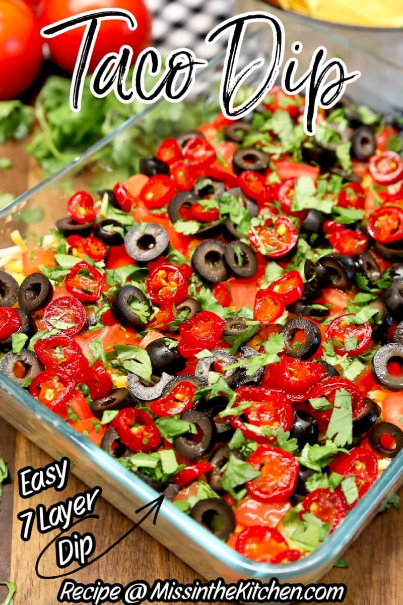7 Layer dip in a casserole - text overlay.