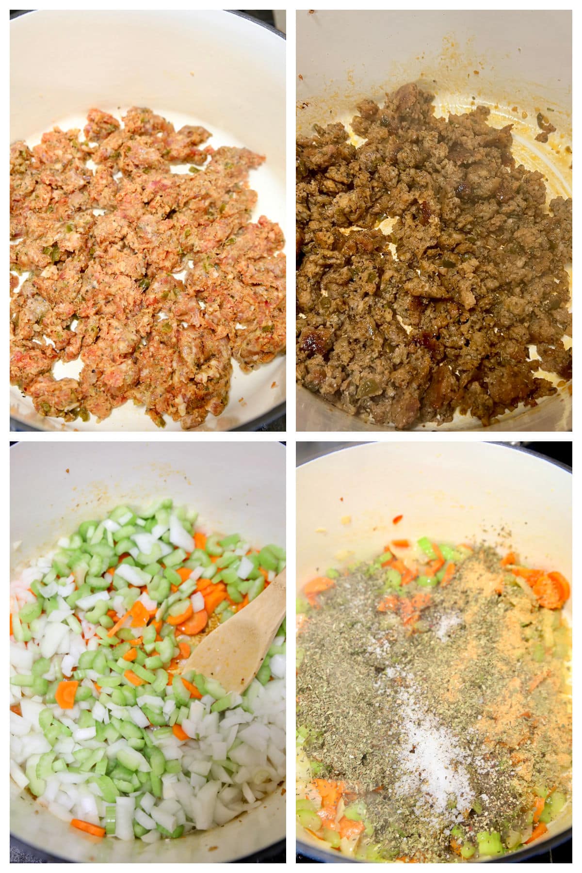 Collage cooking sausage, onions, carrots and celery. 