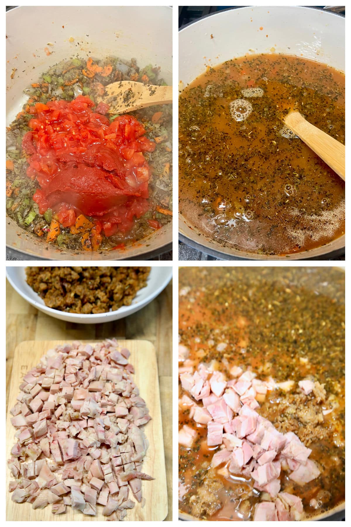 Collage making soup with tomatoes, chicken and pasta.