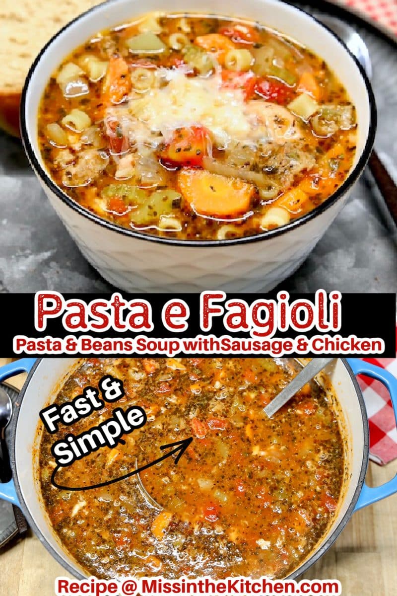 Collage of bowl of soup/pan -text overlay.