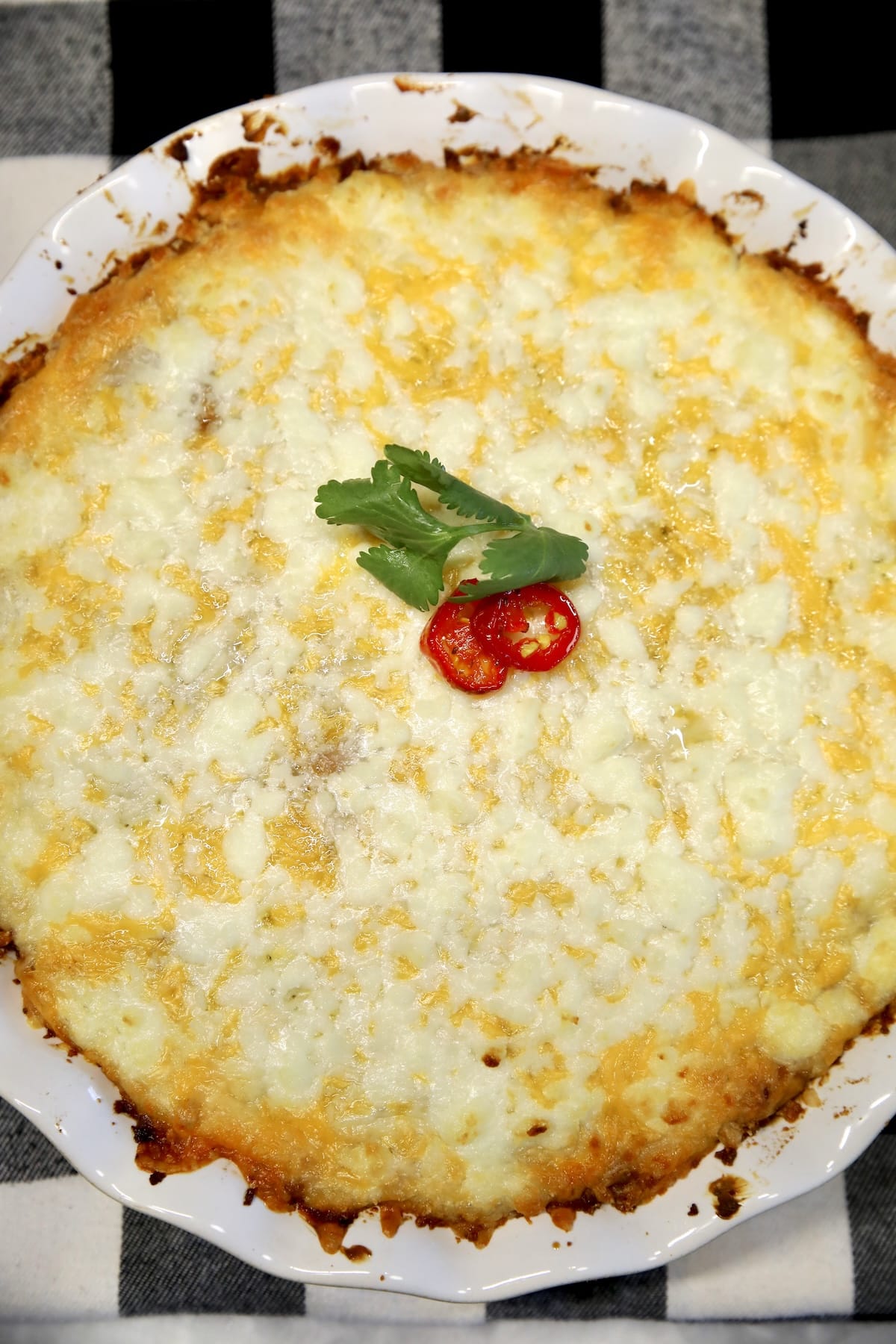 Bean dip in a pie plate.