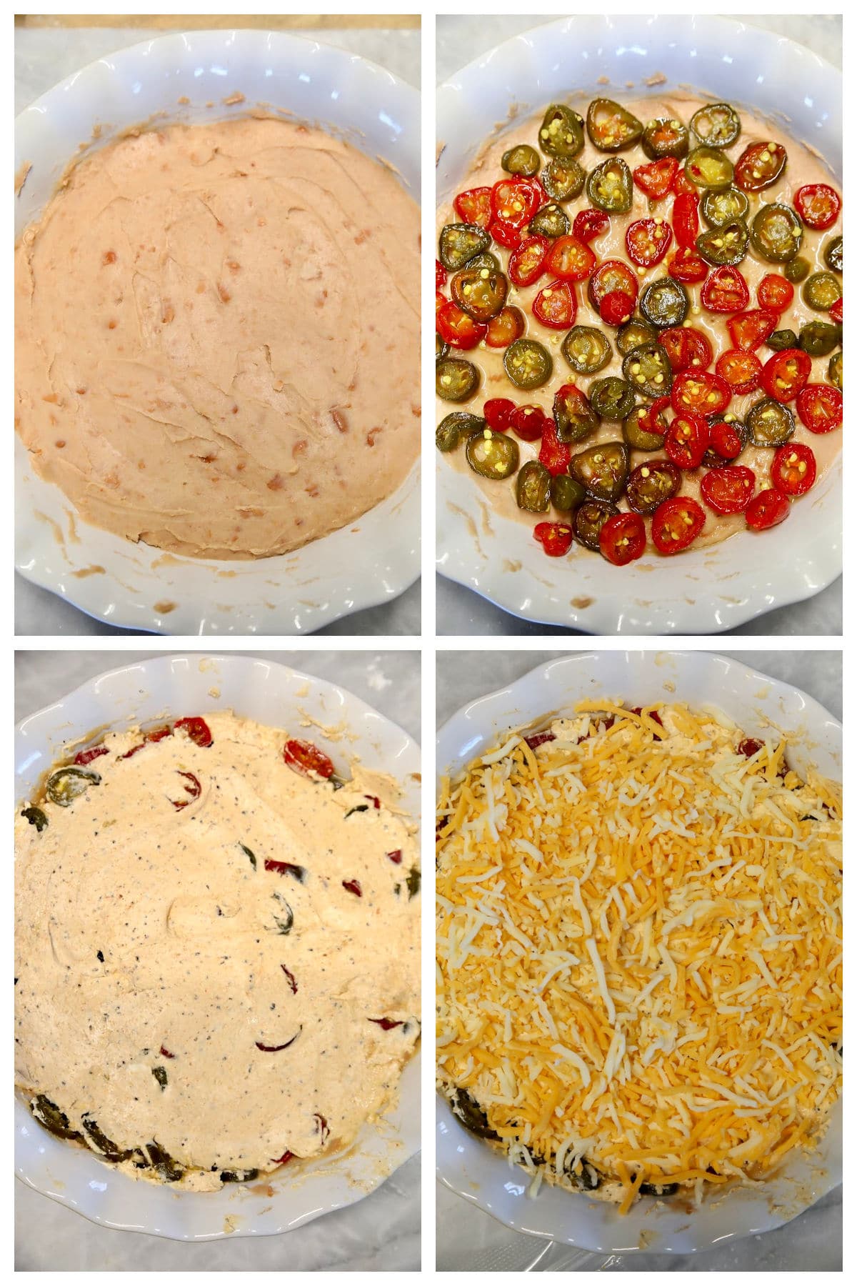 Bean dip with jalapenos and cheese. Collage making bean dip with japlapenos and cheese.