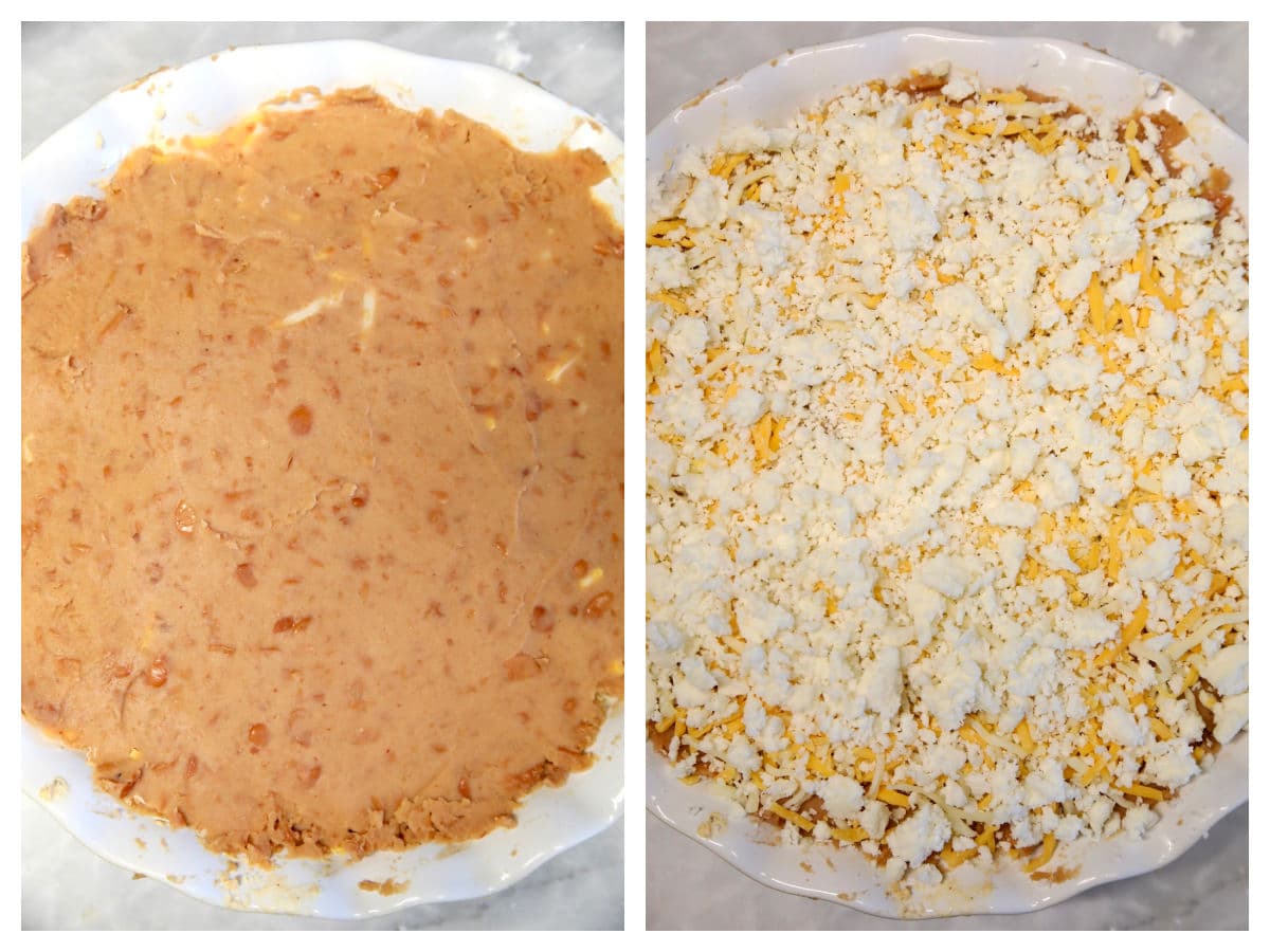 Collage of bean and cheese dip.
