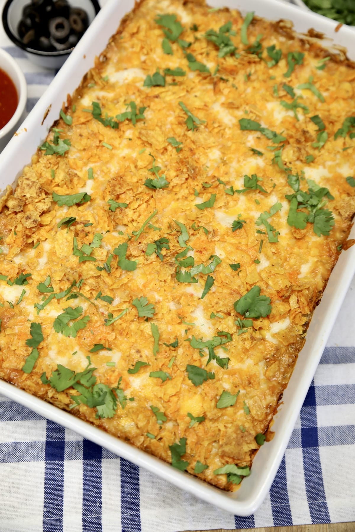 Chicken casserole with doritos.