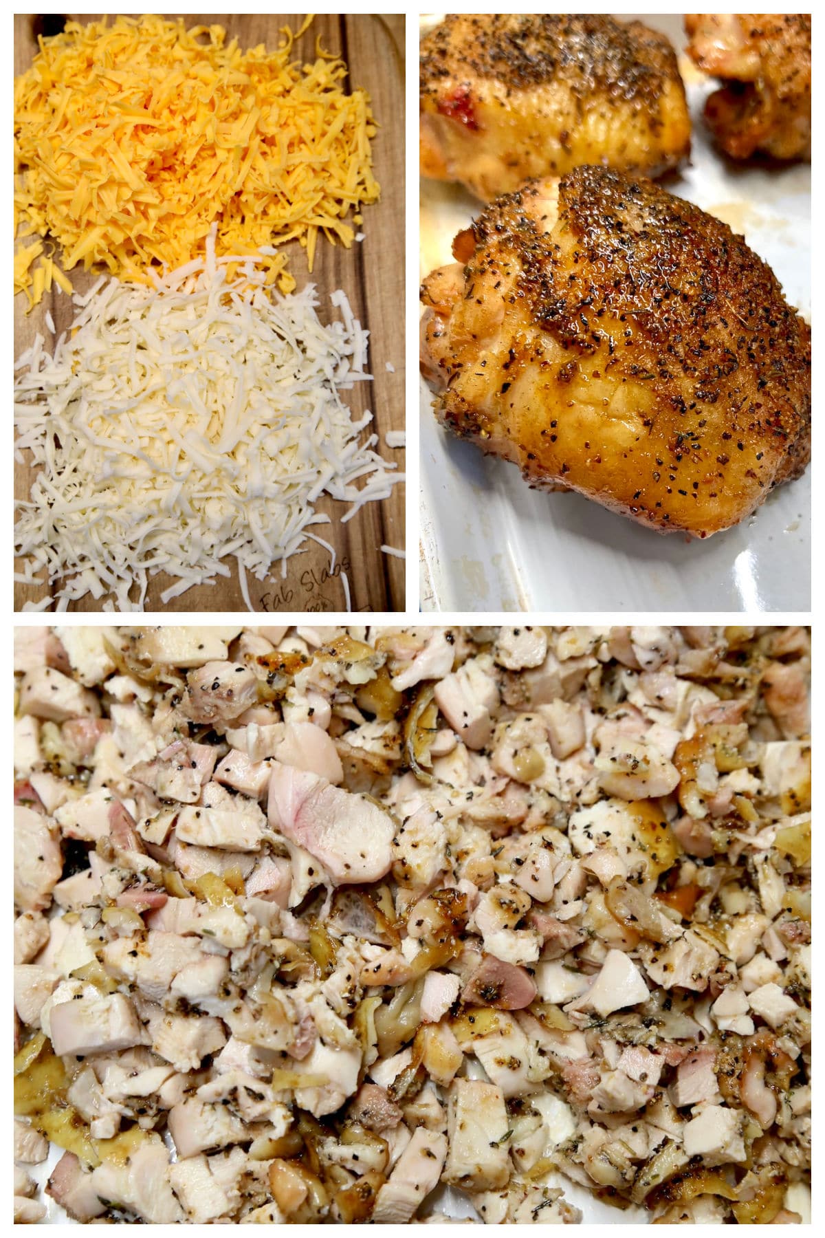 Collage: shredded cheese, chicken thighs - chopped.