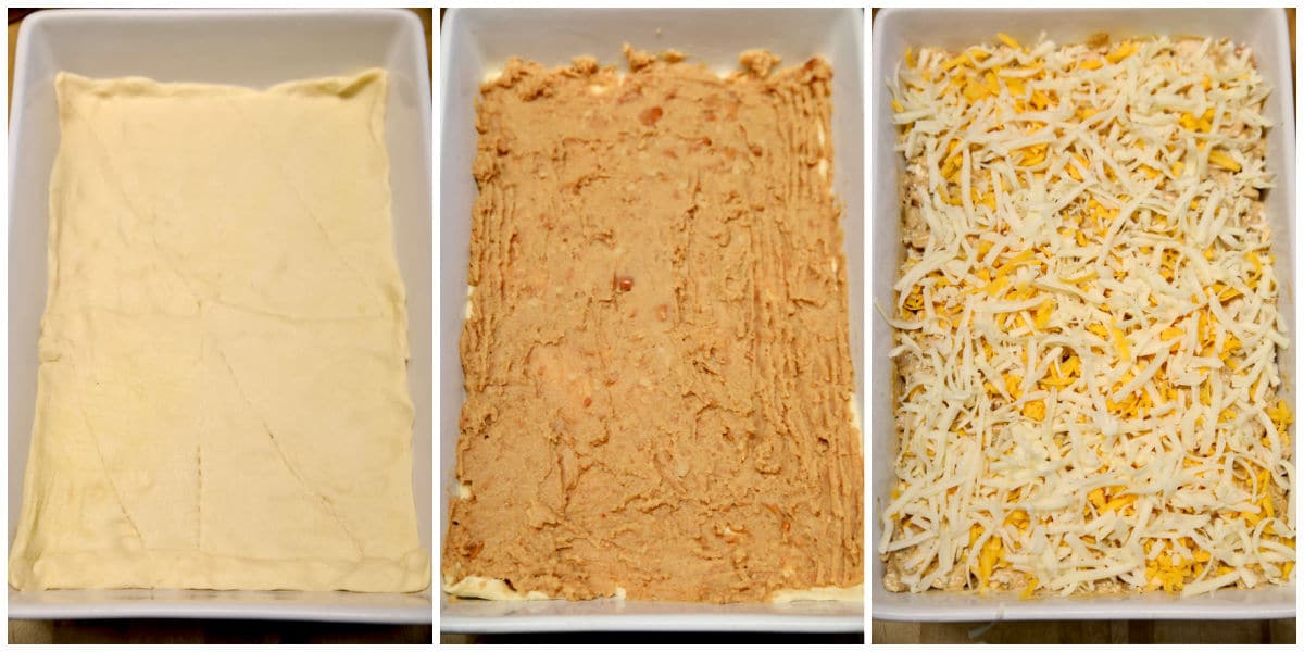 Collage: Layering crescent dough, refried beans, cheese.