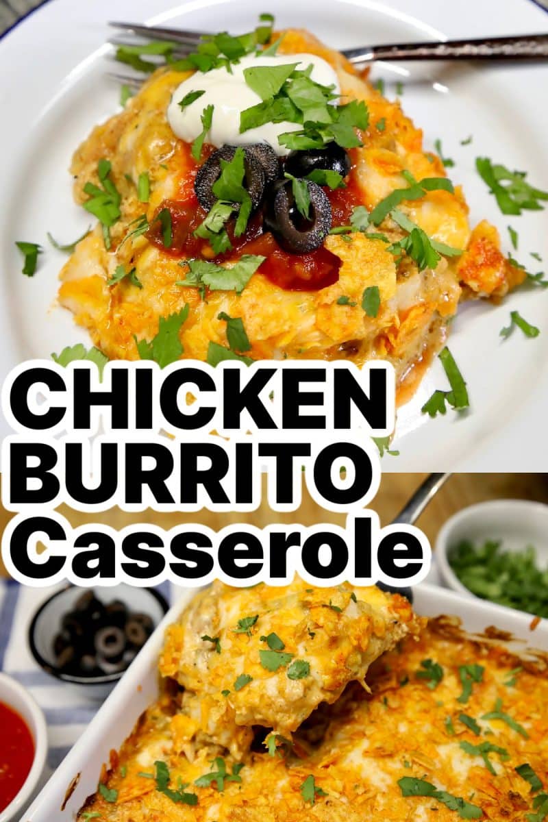 Chicken casserole collage: plated/baking dish - text overlay.