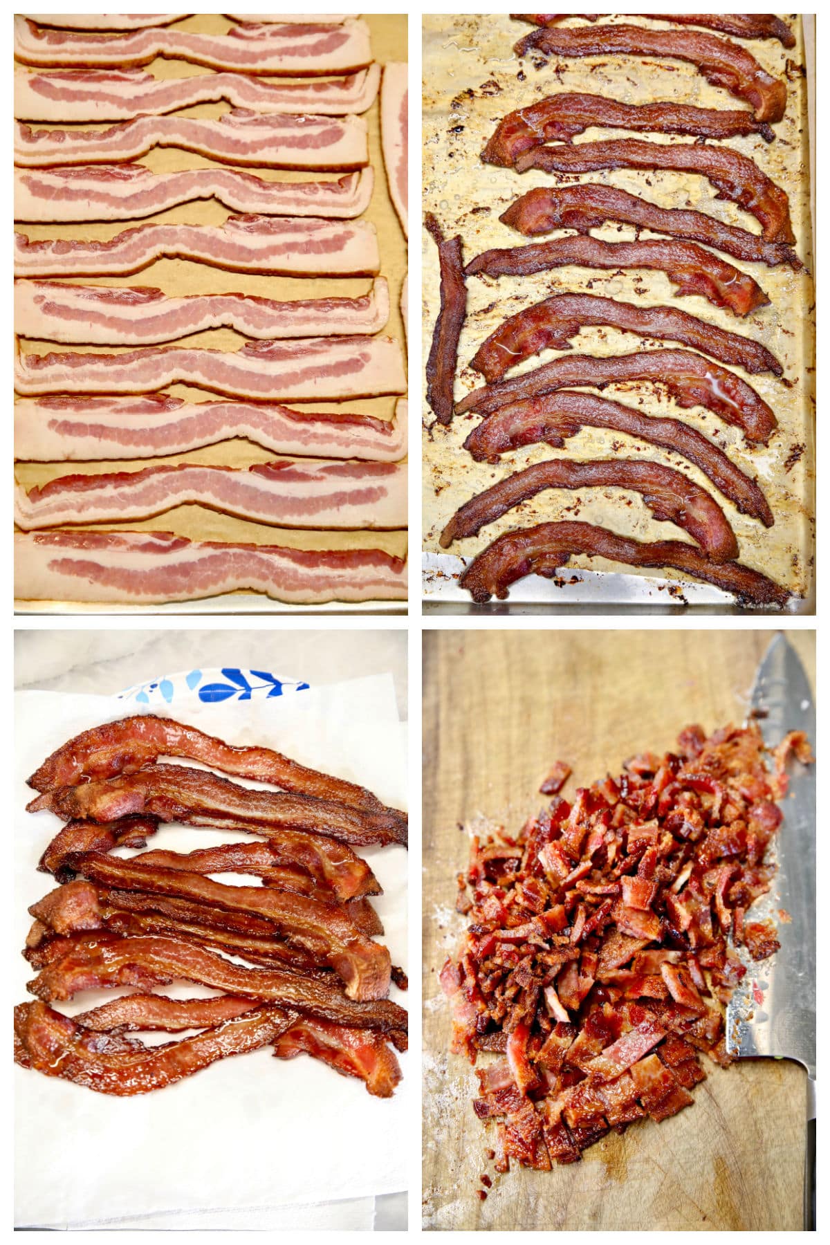 Collage cooking bacon in the oven, cooling on paper towel, chopped.