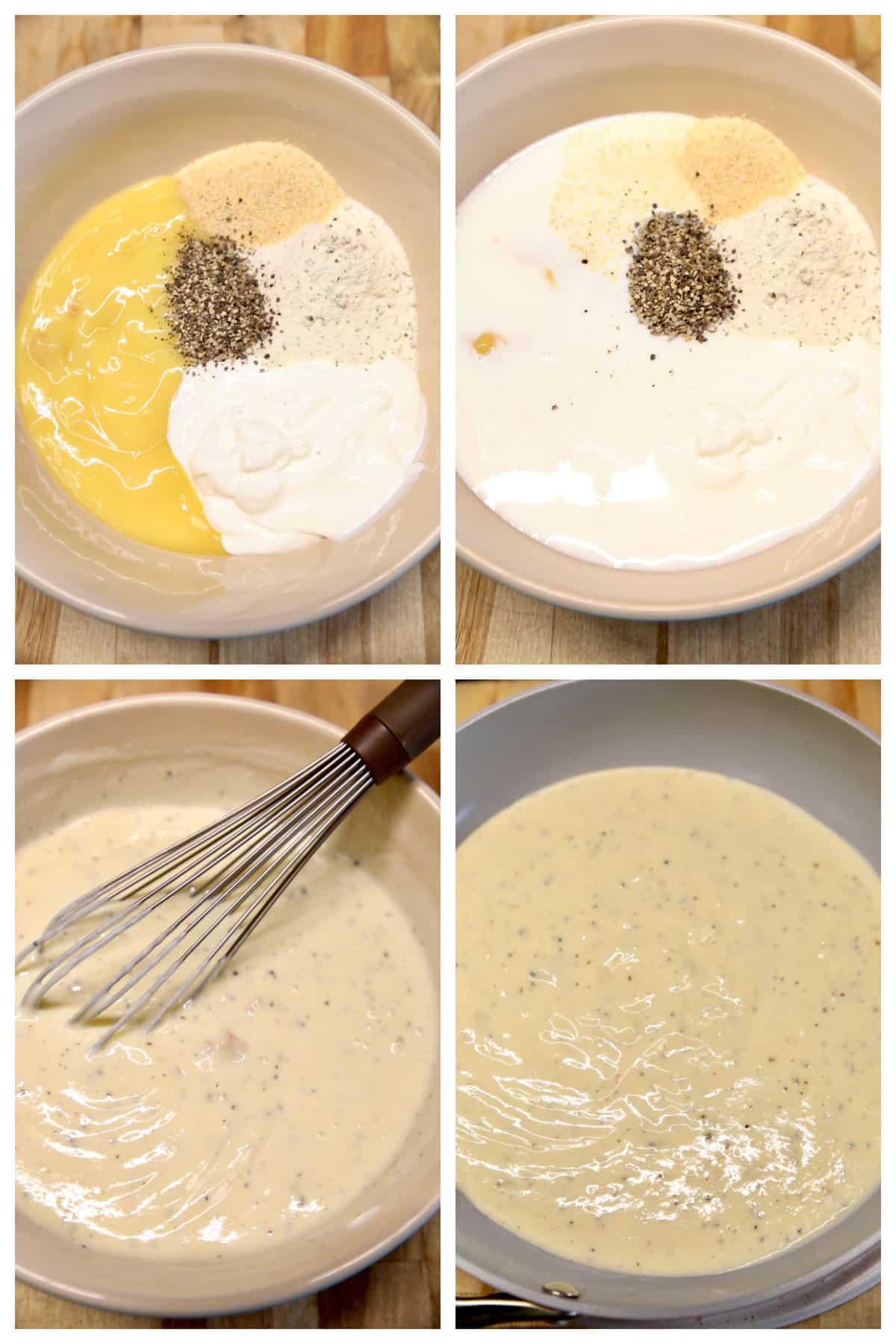 Collage: making cream sauce for chicken and noodles.