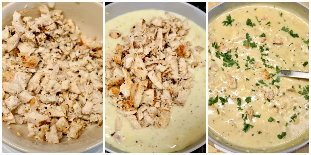 Collage: Making cream sauce with grilled chicken.