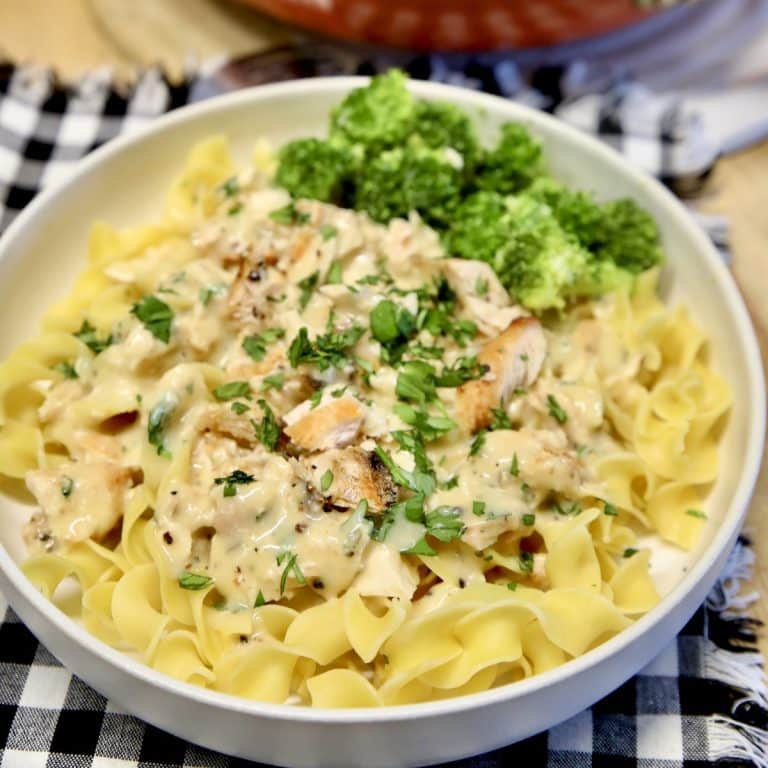 Bowl of chicken and noodles.