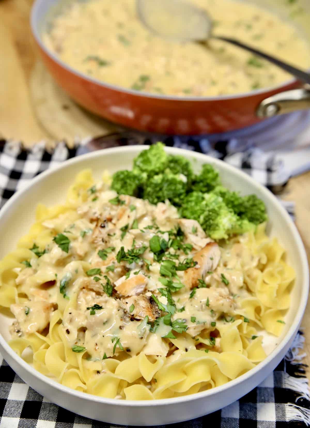 Bowl of chicken and noodles.