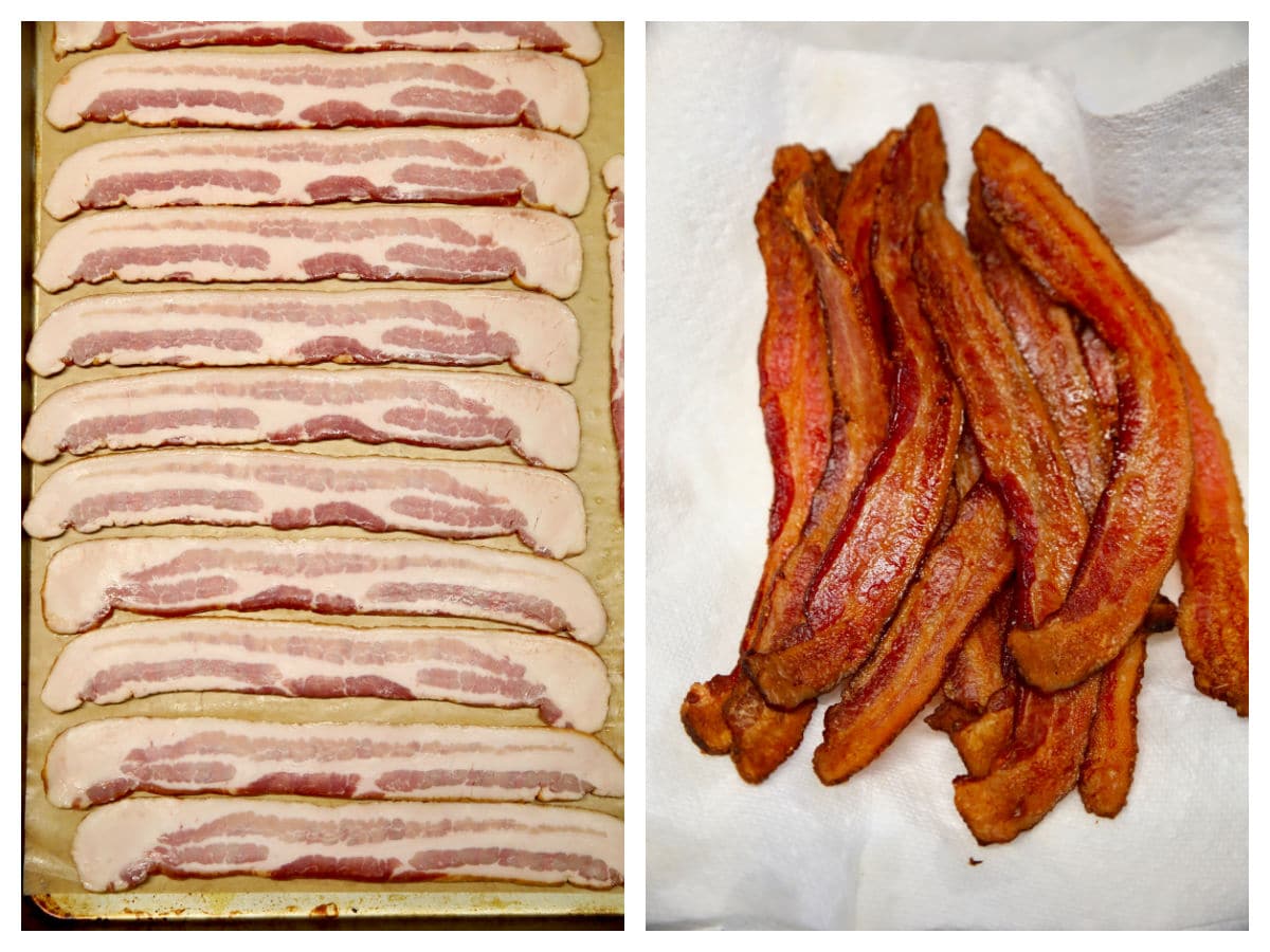 Bacon on a baking sheet ready to cook/draining on paper towel.