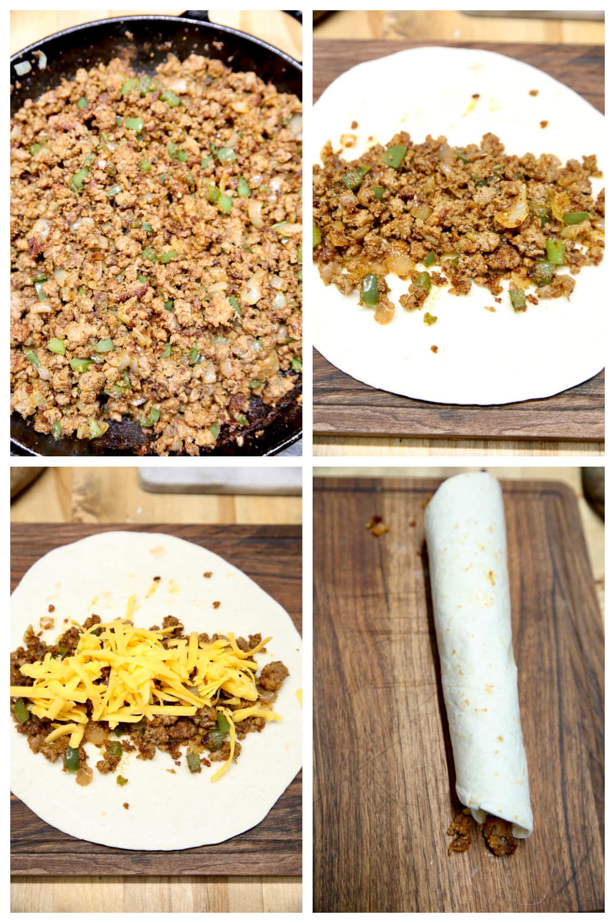Collage making ground beef filled tortillas with cheese for casserole.