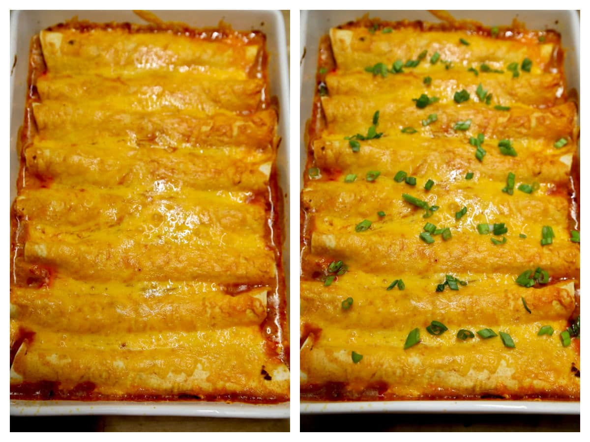 Collage of baked enchilada casserole.