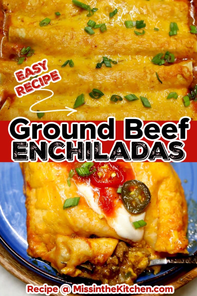 Enchiladas casserole collage with text overlay.