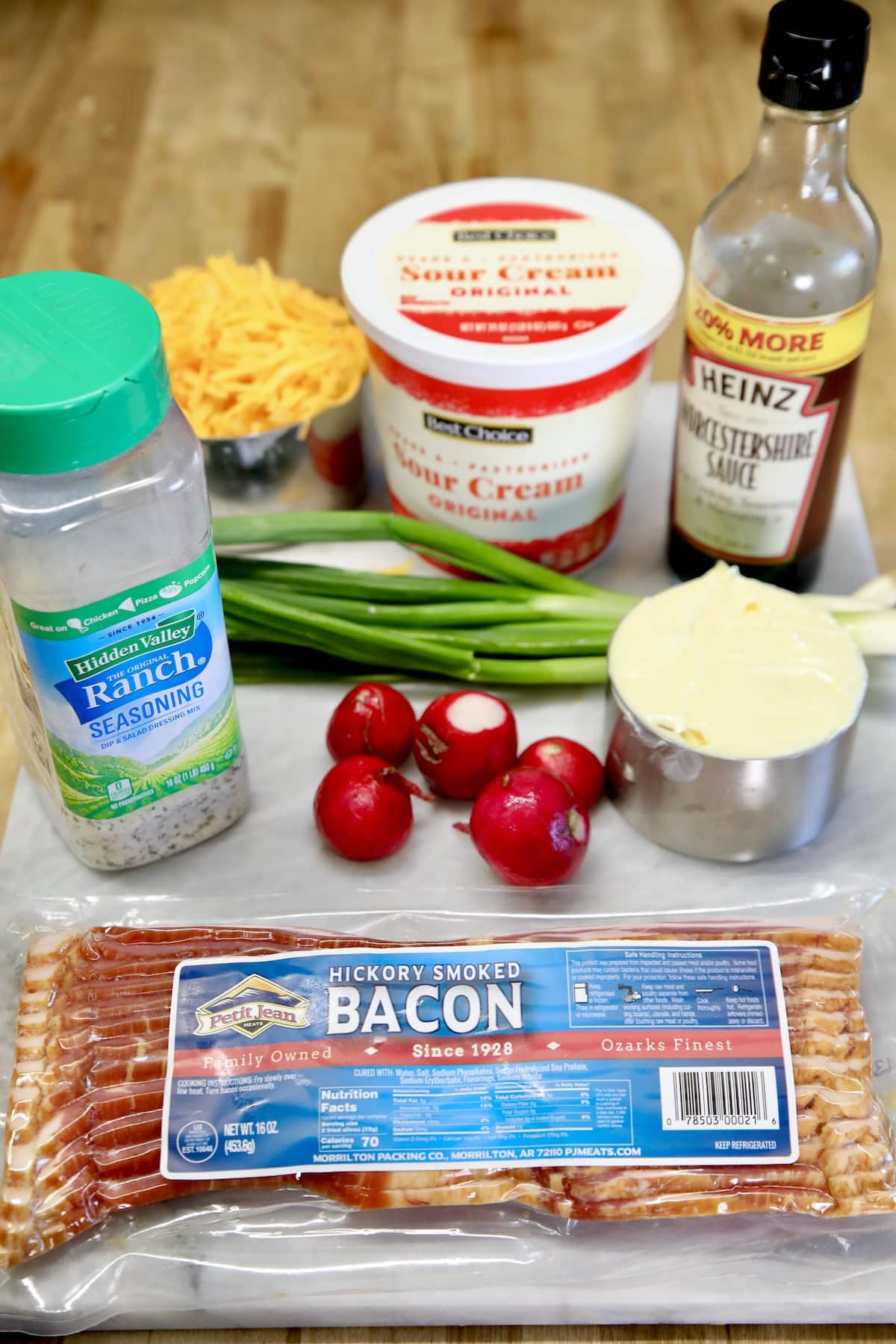 Ingredients for Bacon Cheddar Ranch Dip.
