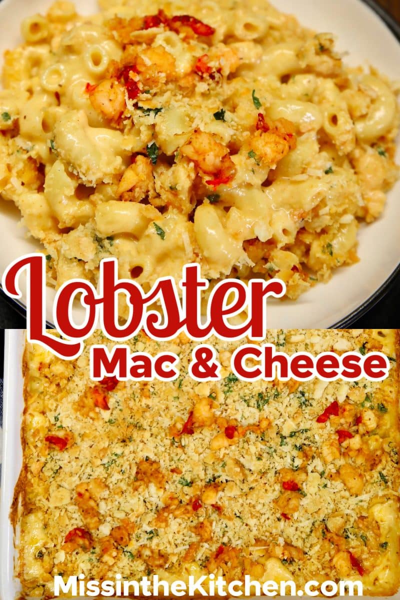 Lobster mac and cheese casserole collage - text overlay.