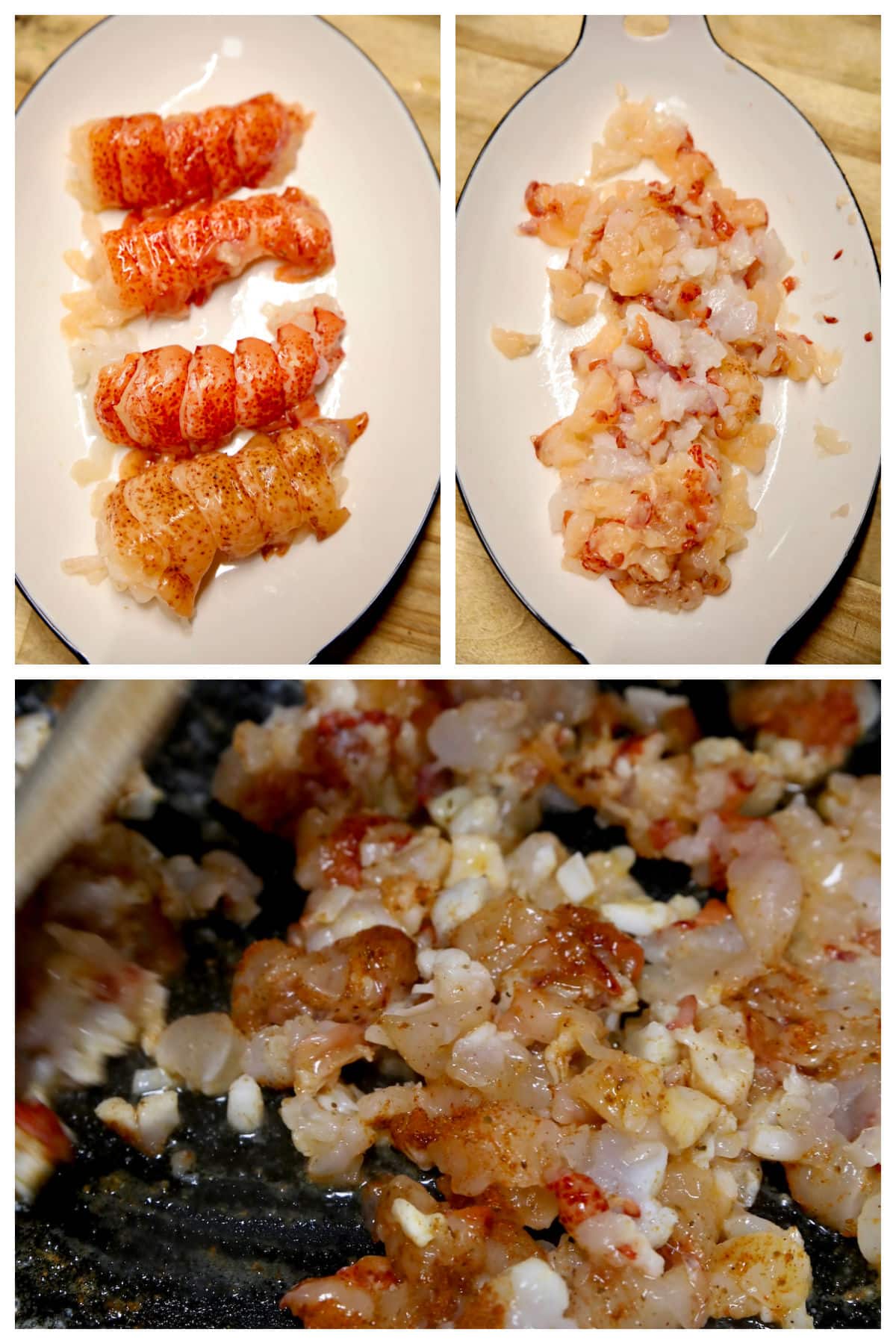 Collage of lobster tails, diced, sauteed.