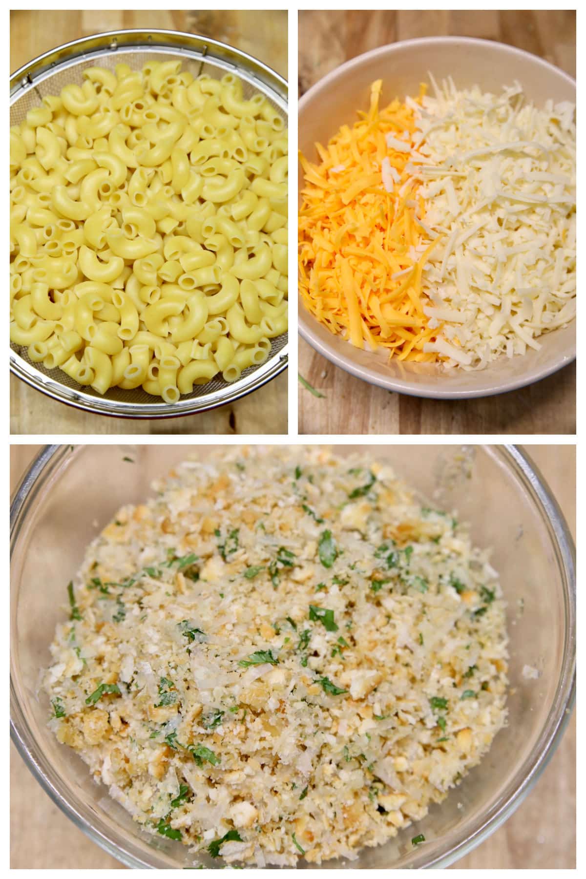 Collage: Boiled and drained macaroni, shredded cheese, cracker topping.