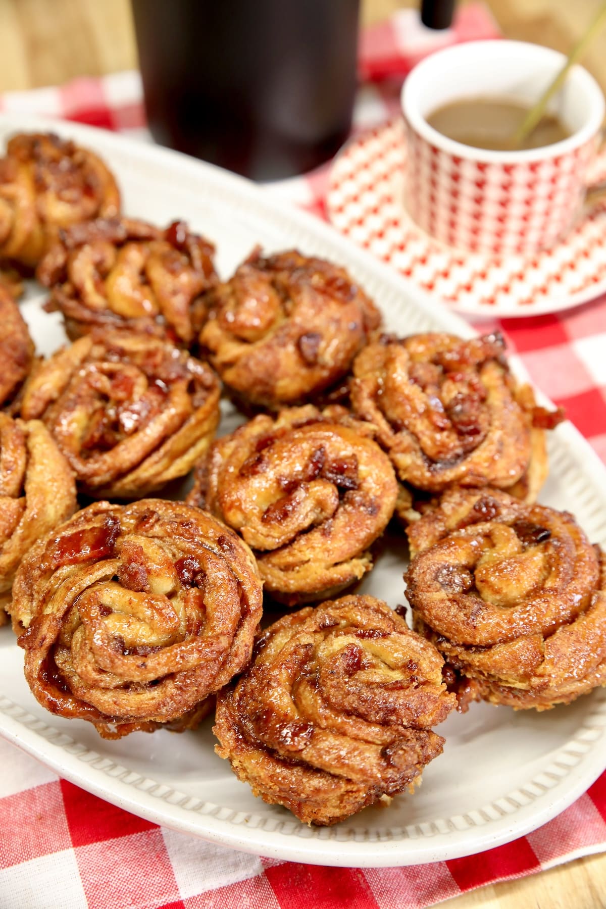 Bacon cinnamon sugar muffins with coffee.