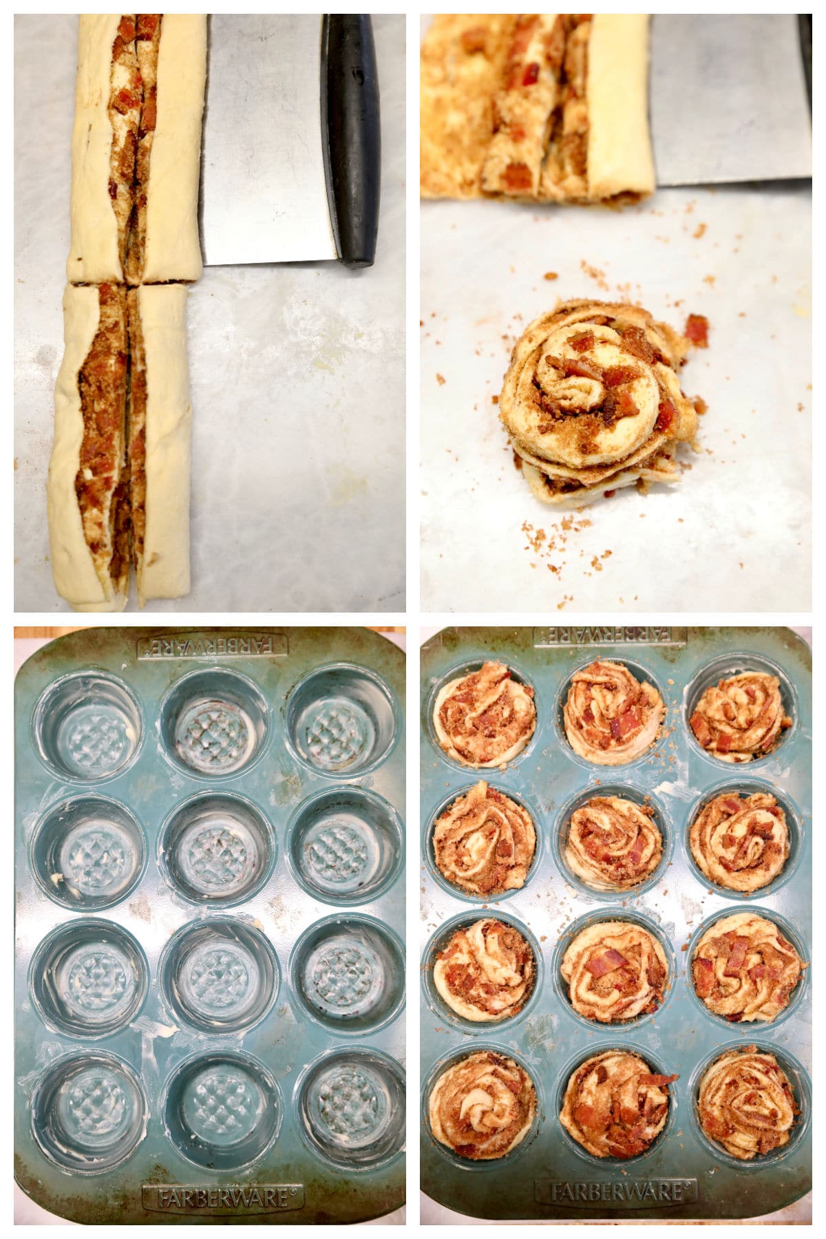 Making croissant muffins in a muffin tin.