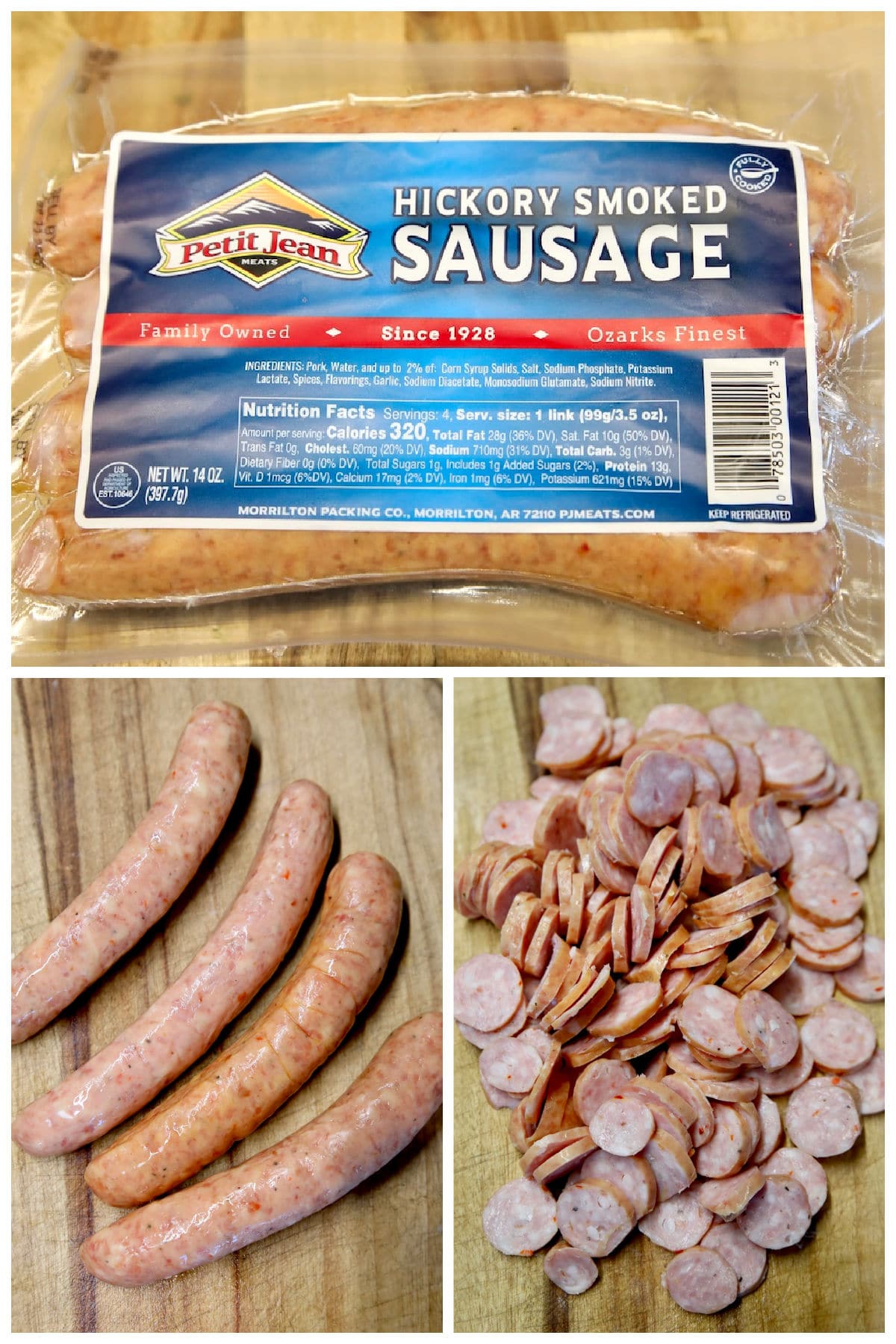Collage: Petit Jean Meats Hickory Smoked Sausage - package, whole, sliced.