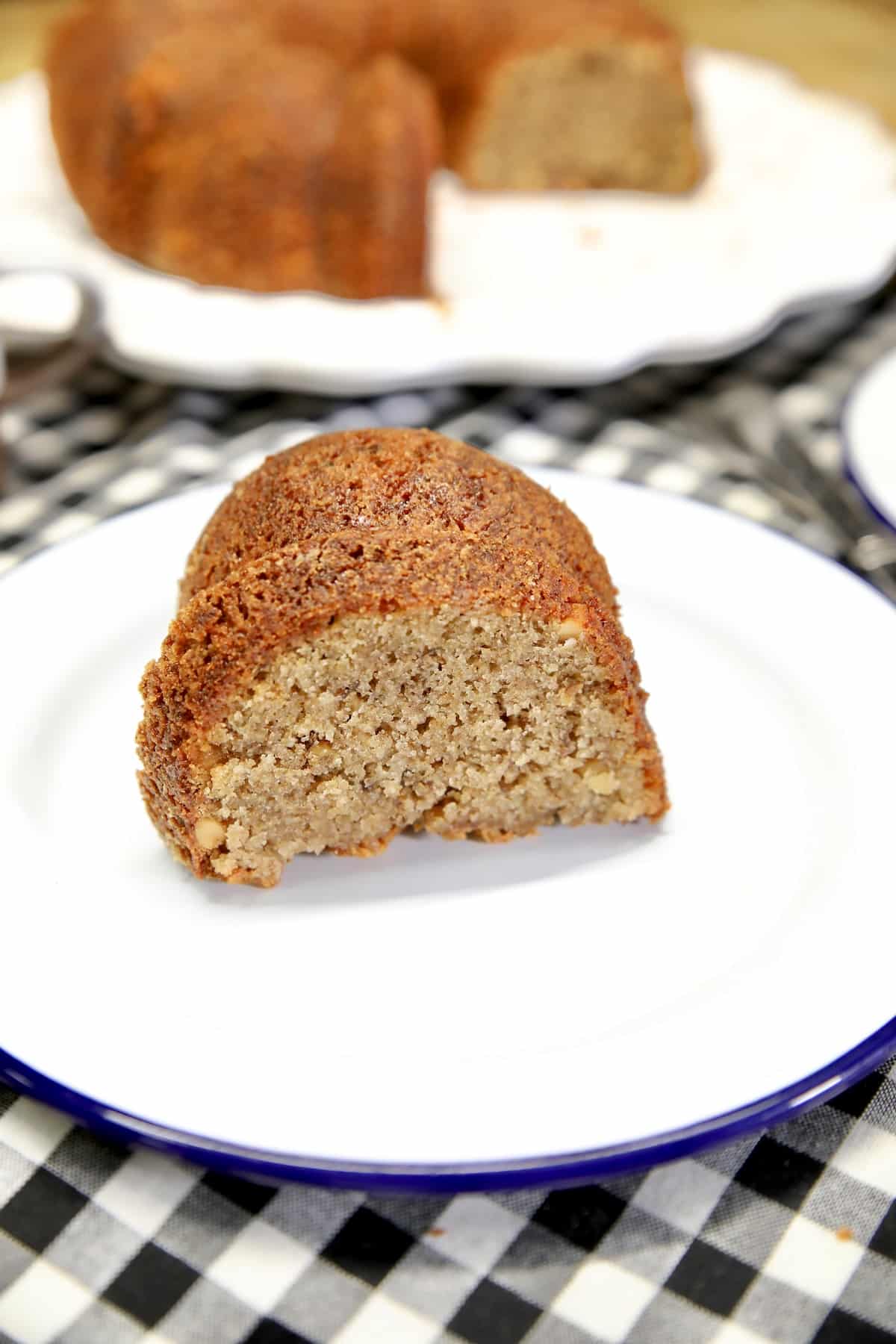 Slice of cake on a plate.