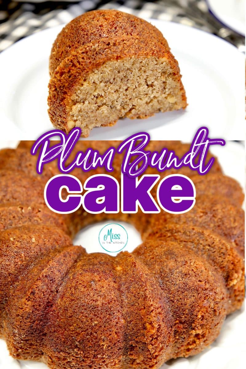 Slice of bundt cake on a plate/whole cake - text overlay.